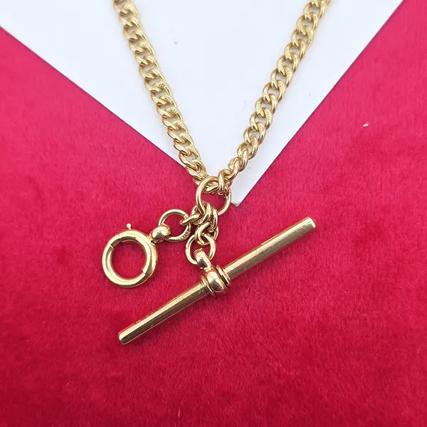 Gorgeous Dainty 18ct Yellow Gold Albert Chain with T-Bar and Bolt Ring- Reverse Angle 