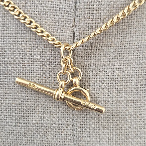 Gorgeous Dainty 18ct Yellow Gold Albert Chain with T-Bar and Bolt Ring-Left View 