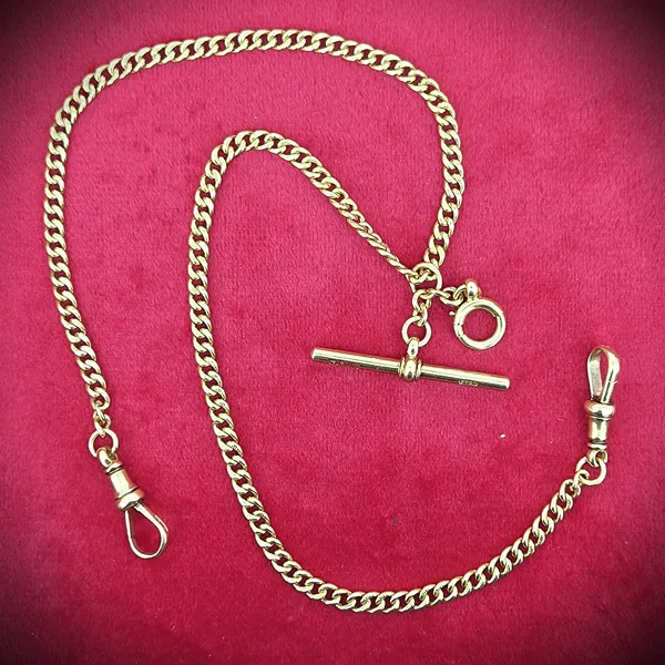 Antique Jewellery Ireland  - Gorgeous Dainty 18ct Yellow Gold Albert Chain with T-Bar and Bolt Ring
