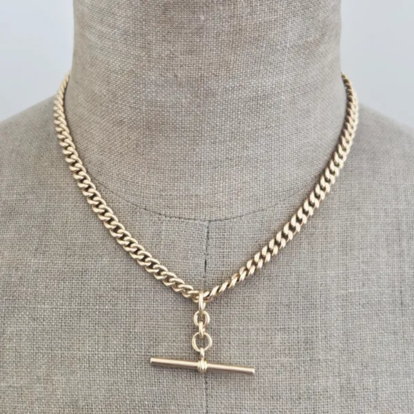 Date 1881! Rare Antique Yellow Gold Albefrt Chain with Rolling T-Bar-Top Left View 
