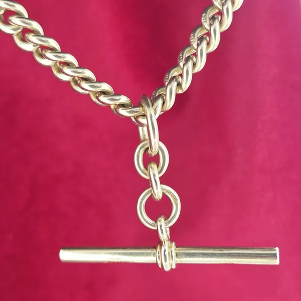 Date 1881! Rare Antique Yellow Gold Albefrt Chain with Rolling T-Bar- Close Up 