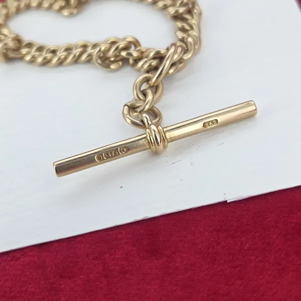 Date 1881! Rare Antique Yellow Gold Albefrt Chain with Rolling T-Bar- Magnified 