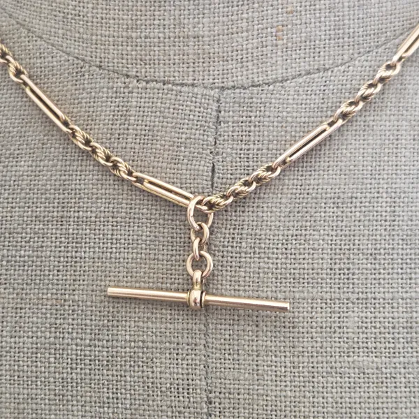 Date 1905! 14ct/15ct Yellow Gold Antique Trombone and Twist Link Albert Chain-Top Right View 