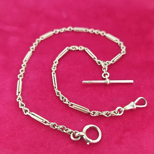 Date 1905! 14ct/15ct Yellow Gold Antique Trombone and Twist Link Albert Chain- Front View 