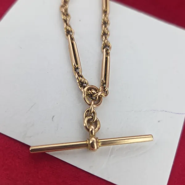 Date 1905! 14ct/15ct Yellow Gold Antique Trombone and Twist Link Albert Chain- Reverse Angle 