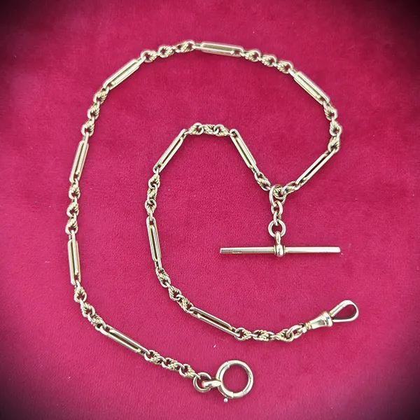 Date 1905! 14ct/15ct Yellow Gold Antique Trombone and Twist Link Albert Chain 