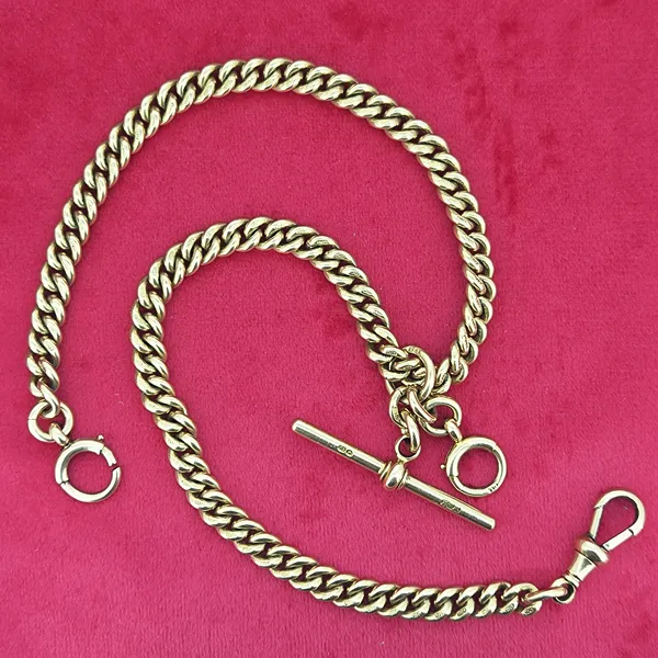 Date 1985! 18ct Yellow Gold Albert Chain with T-Bar and Bolt Ring- Side View 