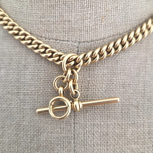 Date 1985! 18ct Yellow Gold Albert Chain with T-Bar and Bolt Ring-Top Left View 