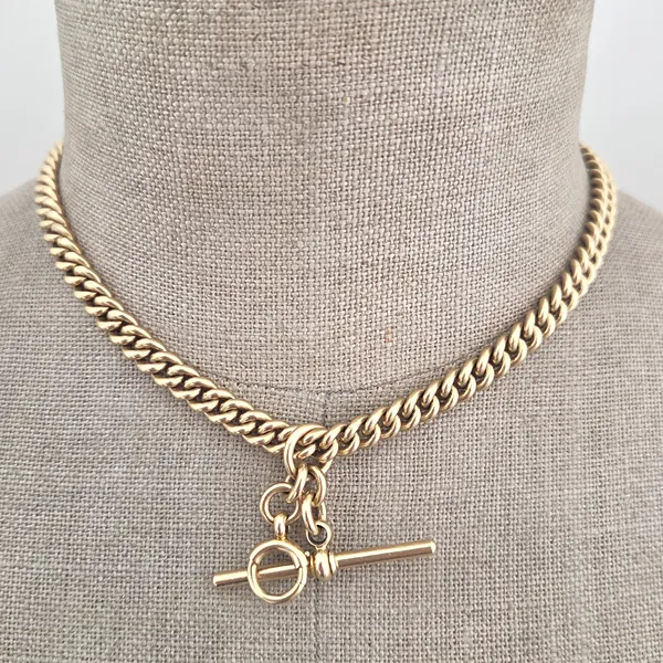 Date 1985! 18ct Yellow Gold Albert Chain with T-Bar and Bolt Ring-Right View 