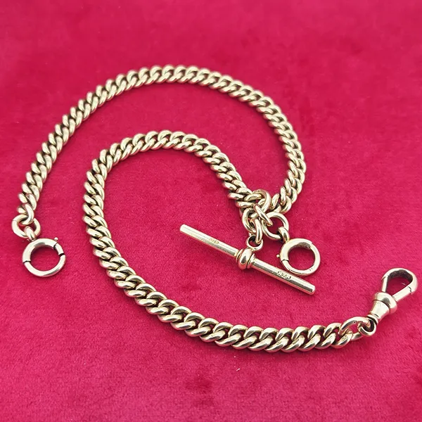 Date 1985! 18ct Yellow Gold Albert Chain with T-Bar and Bolt Ring- Front View 
