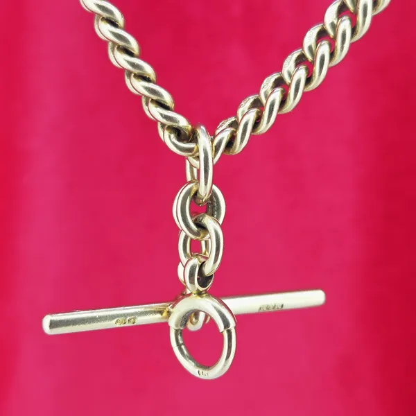 Date 1985! 18ct Yellow Gold Albert Chain with T-Bar and Bolt Ring- Close Up 