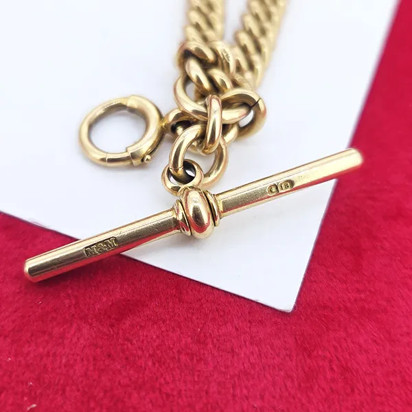 Date 1985! 18ct Yellow Gold Albert Chain with T-Bar and Bolt Ring- Magnified 