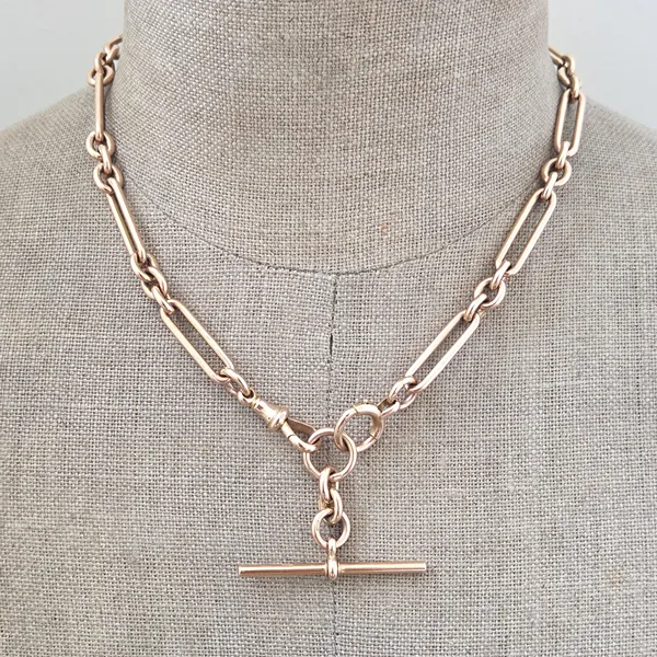 Divine 9ct Rose Gold Trombone Link Albert Chain with Removable T-Bar-Top Right View 