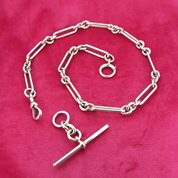 Divine 9ct Rose Gold Trombone Link Albert Chain with Removable T-Bar- Front View 