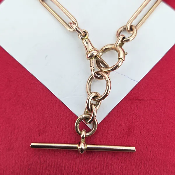 Divine 9ct Rose Gold Trombone Link Albert Chain with Removable T-Bar- Crown View 