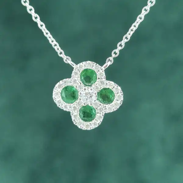 18ct White Gold Diamond and Emerald Clover Style Pendant-emerald-diamond-clover-necklace-white-gold.webp