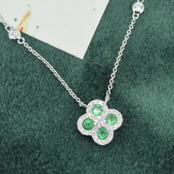 18ct White Gold Diamond and Emerald Clover Style Pendant-emerald-diamond-clover-necklace-white-gold.webp