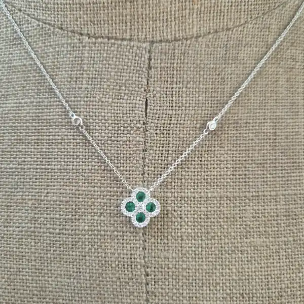 18ct White Gold Diamond and Emerald Clover Style Pendant-emerald-diamond-clover-necklace-white-gold.webp