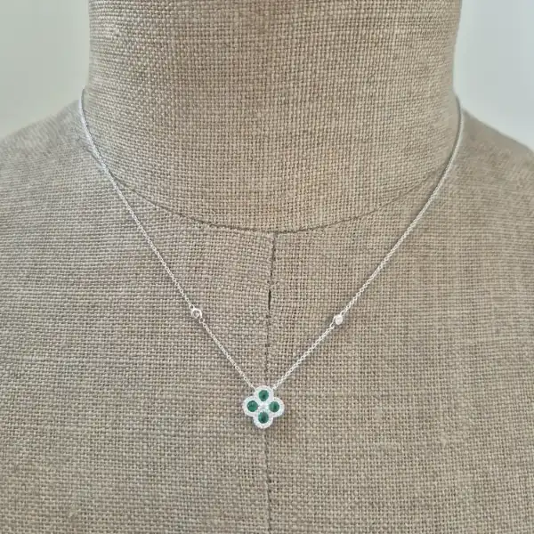 18ct White Gold Diamond and Emerald Clover Style Pendant-emerald-diamond-clover-necklace-white-gold.webp