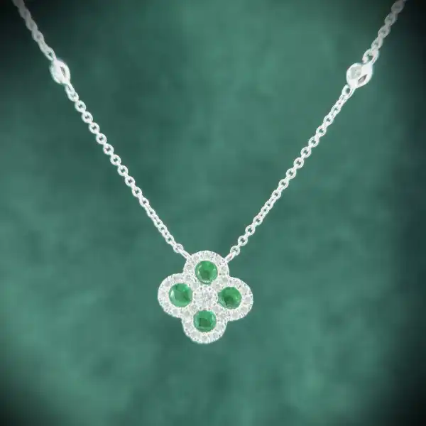  Thumbnail of 18ct White Gold Diamond and Emerald Clover Style Pendant