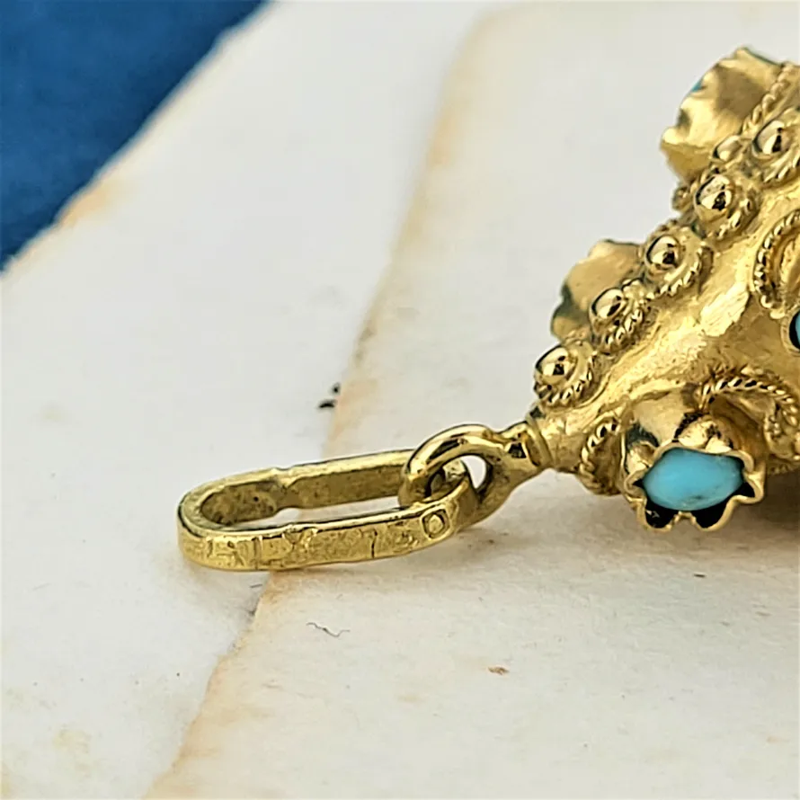 Italian Etruscan Revival Gold & Turquoise Charm Pendant-etruscan-fob-pendant-dublin.webp