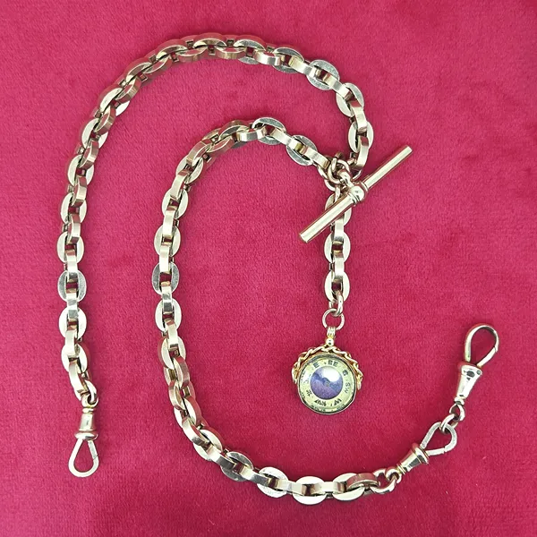 Fancy Rose Gold Antique Albert Chain with Compass & T-Bar- Side View 