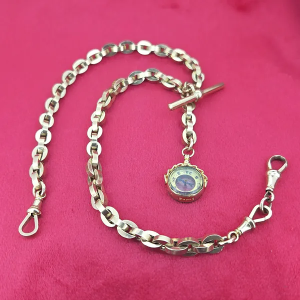 Fancy Rose Gold Antique Albert Chain with Compass & T-Bar- Front View 