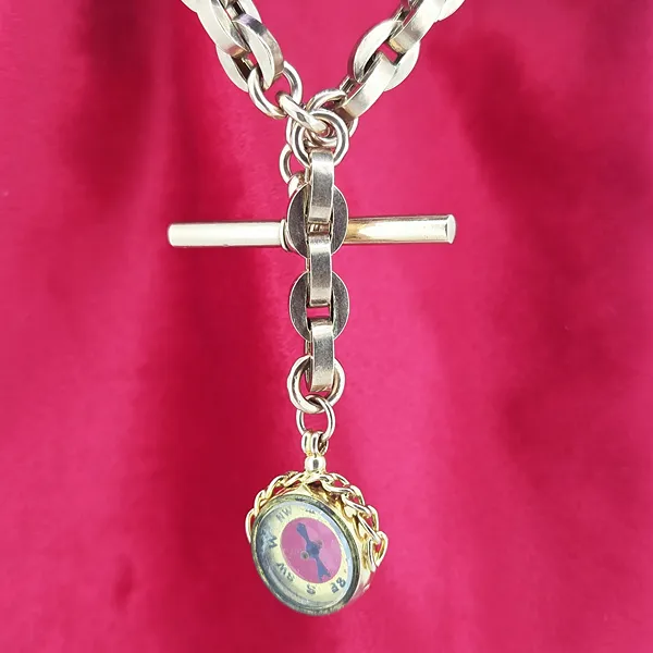 Fancy Rose Gold Antique Albert Chain with Compass & T-Bar- Close Up 