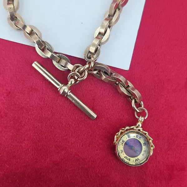 Fancy Rose Gold Antique Albert Chain with Compass & T-Bar- Reverse Angle 