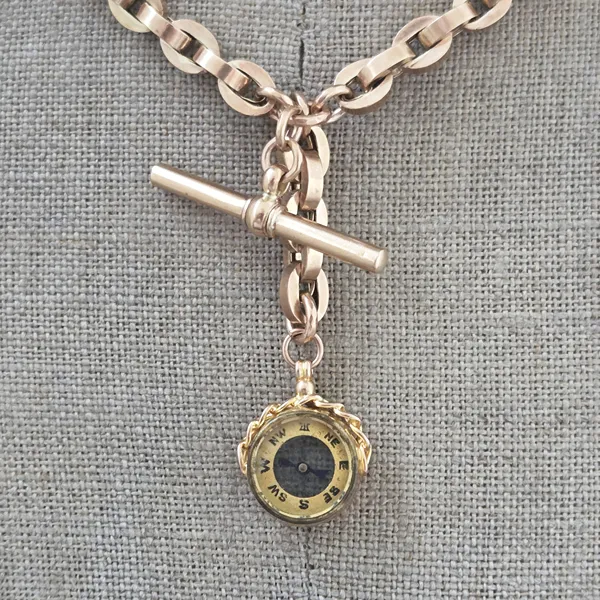 Fancy Rose Gold Antique Albert Chain with Compass & T-Bar-Left View 
