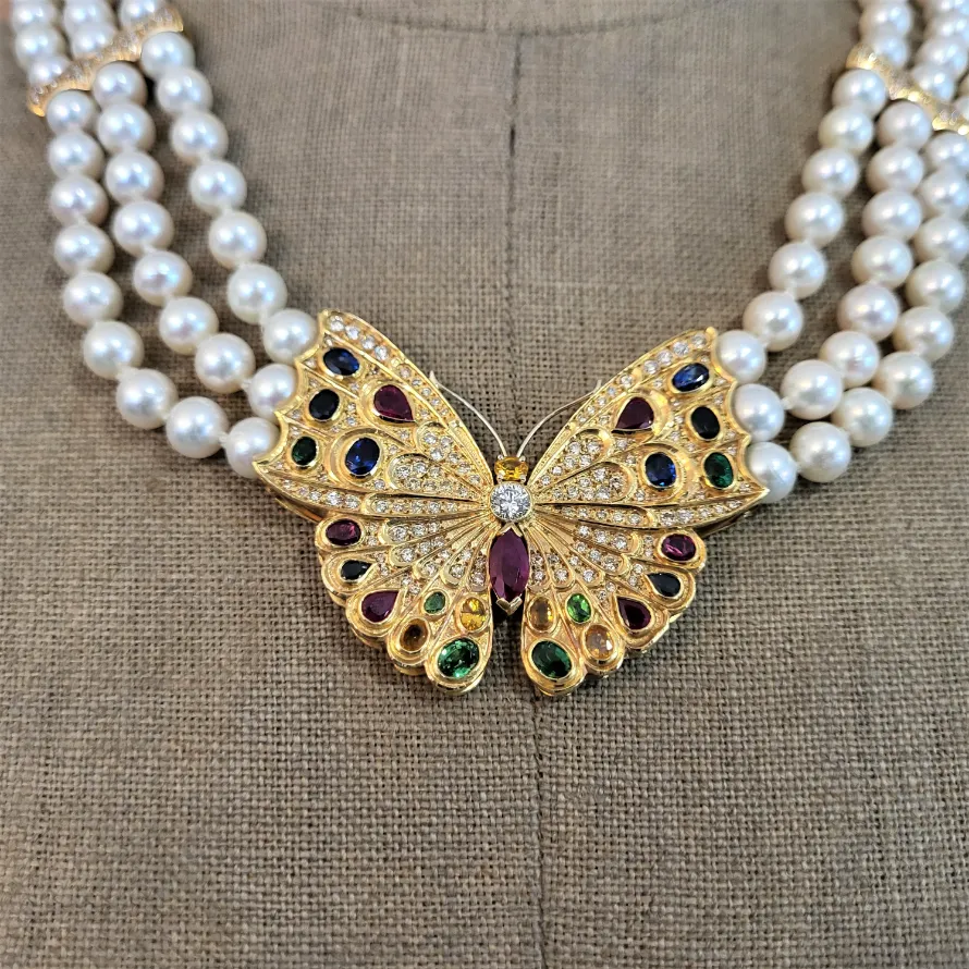 Diamond & Coloured Gemstone Butterfly & Pearl Necklace-gold-and-pearl-diamond-and-coloured-stone-necklace.webp