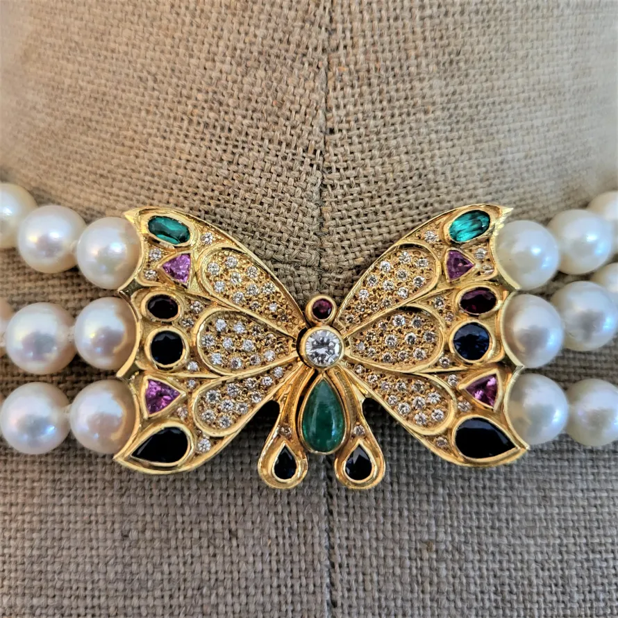 Diamond & Coloured Gemstone Butterfly & Pearl Necklace-gold-and-pearl-diamond-and-coloured-stone-necklace.webp