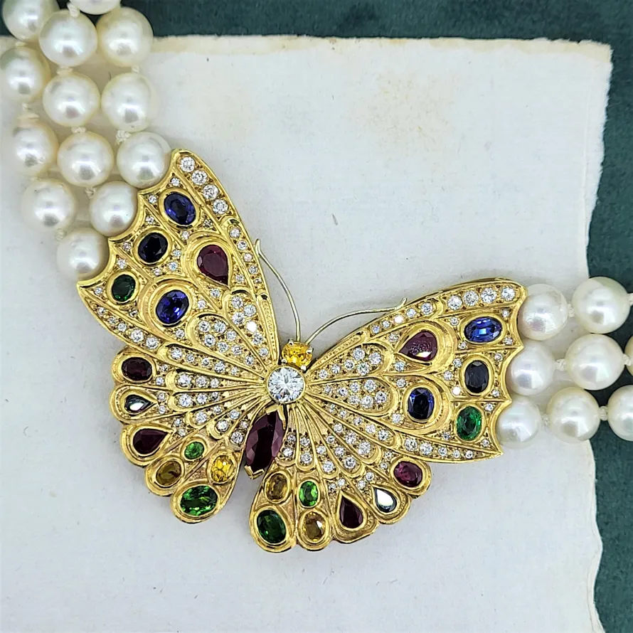 Diamond & Coloured Gemstone Butterfly & Pearl Necklace-gold-and-pearl-diamond-and-coloured-stone-necklace.webp