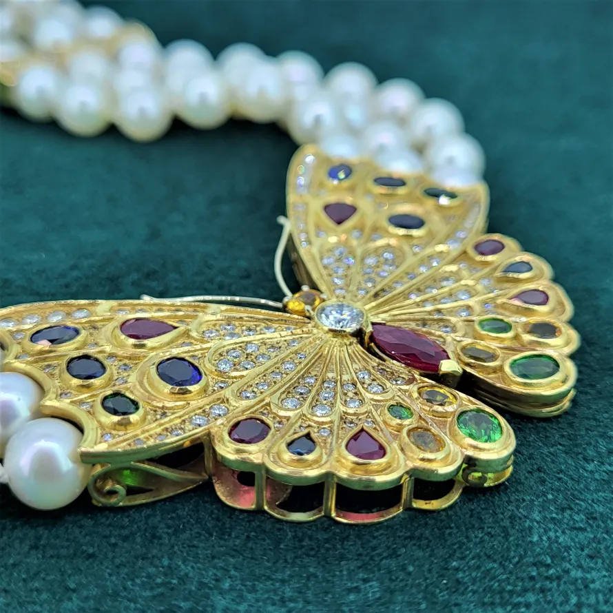 Diamond & Coloured Gemstone Butterfly & Pearl Necklace-gold-and-pearl-diamond-and-coloured-stone-necklace.webp