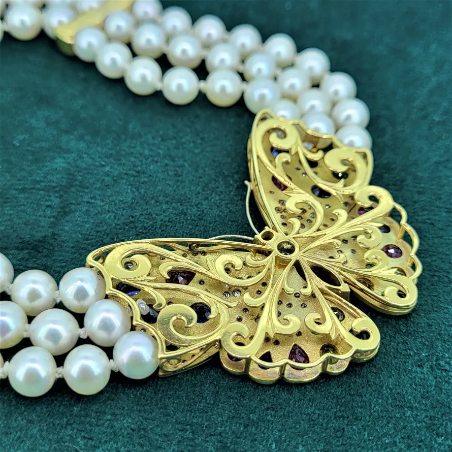 Diamond & Coloured Gemstone Butterfly & Pearl Necklace-gold-and-pearl-diamond-and-coloured-stone-necklace.webp