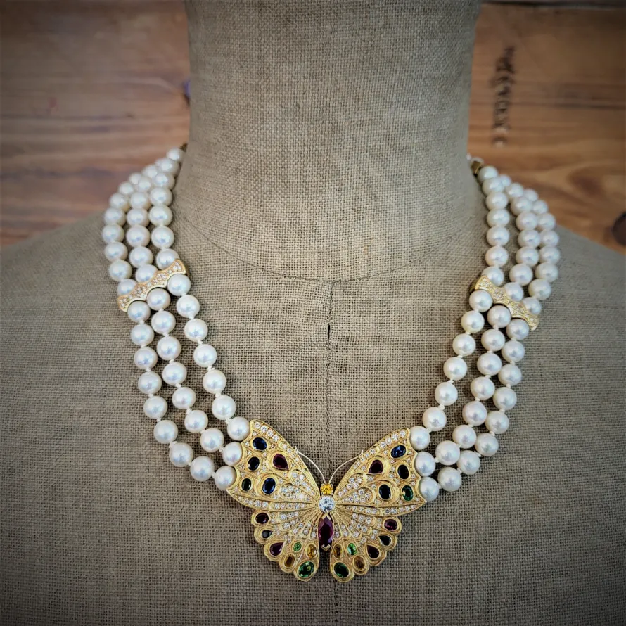  Thumbnail of Diamond & Coloured Gemstone Butterfly & Pearl Necklace