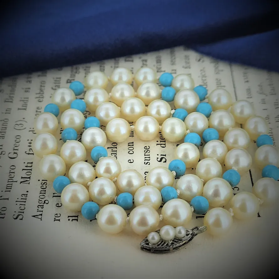 A Beautiful Vintage White Pearl and Turquoise Necklace -pearl-and-tourquoise-necklace.webp