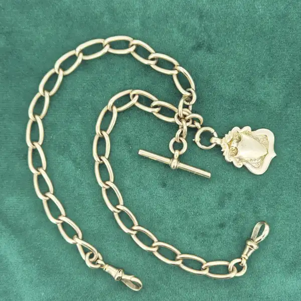 Date 1912-1913! 9ct Rose Gold Loose Link Rounded Curb Albert Chain-prince-albert-chain-with-ornate-medal.webp