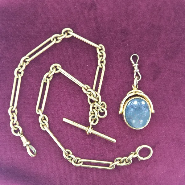 Divine Antique Yellow Gold 18ct Albert Chain with 18ct Fob Pendant- Side View 