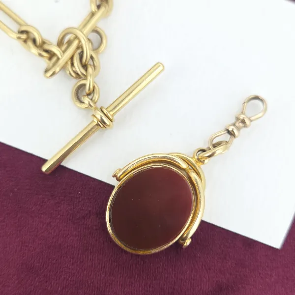 Divine Antique Yellow Gold 18ct Albert Chain with 18ct Fob Pendant- Magnified 