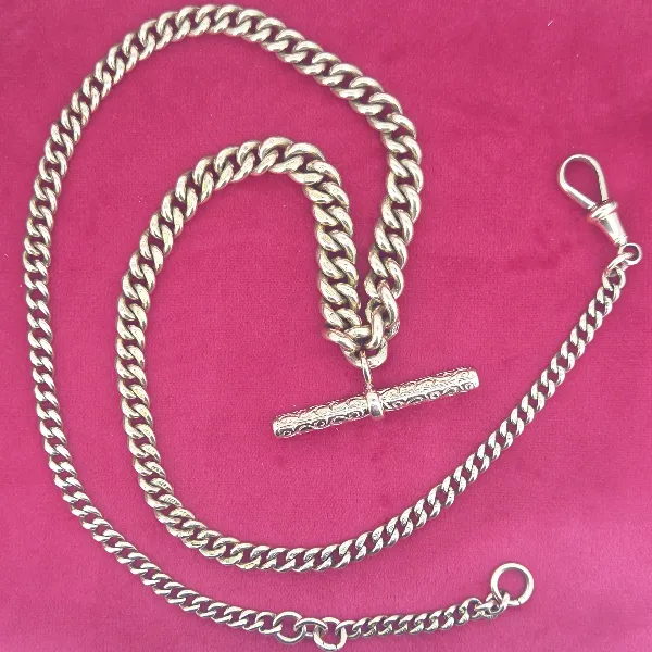 Heavy 9ct Gold Gradated Albert Necklace with T-Bar-rose-gold-albert-chai-with-engraved-tbar-extra-links.webp