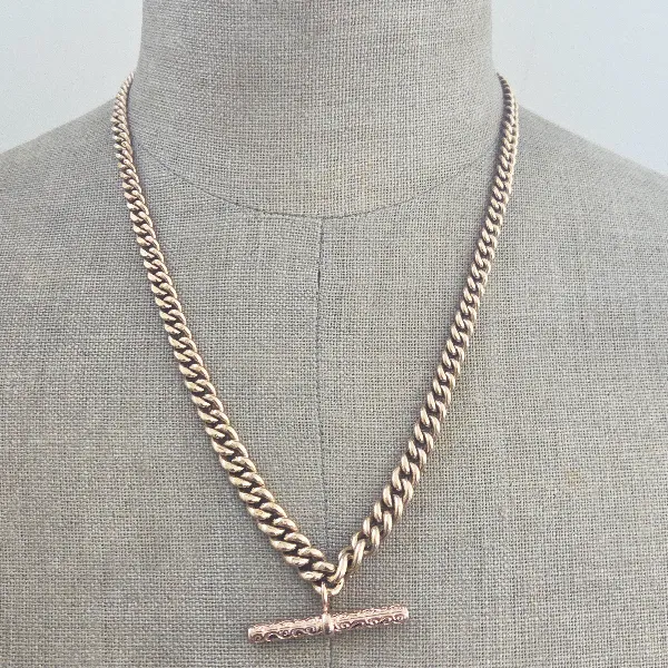 Heavy 9ct Gold Gradated Albert Necklace with T-Bar-rose-gold-albert-chai-with-engraved-tbar-extra-links.webp