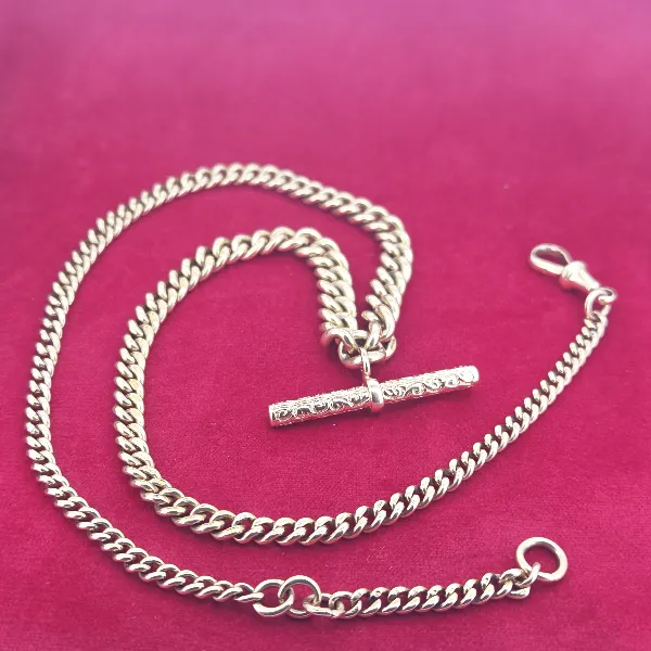 Heavy 9ct Gold Gradated Albert Necklace with T-Bar-rose-gold-albert-chai-with-engraved-tbar-extra-links.webp