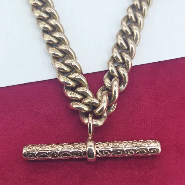 Heavy 9ct Gold Gradated Albert Necklace with T-Bar-rose-gold-albert-chai-with-engraved-tbar-extra-links.webp