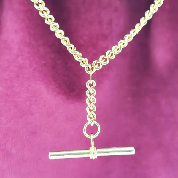 Vintage 9ct Rose Gold Rounded Curb Necklace with T-Bar in 9ct Gold-rose-gold-albert-chain-from-1970.webp