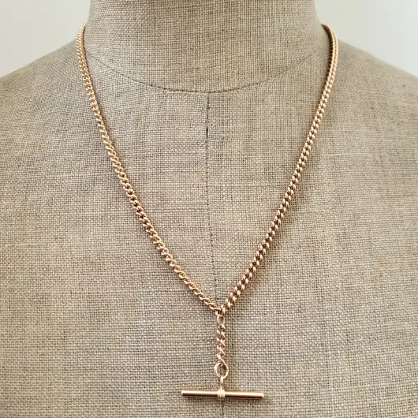 Vintage 9ct Rose Gold Rounded Curb Necklace with T-Bar in 9ct Gold-rose-gold-albert-chain-from-1970.webp