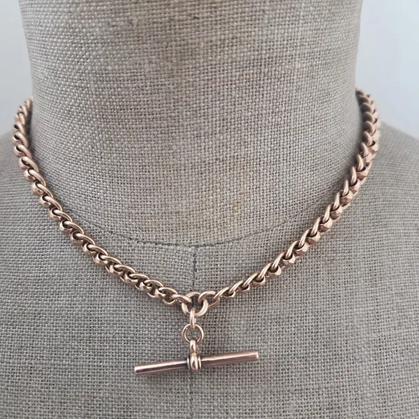 Antique Rose Gold Albert Chain with Rollerball Link & T-Bar-Top Right View 