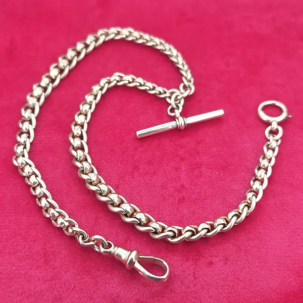 Antique Rose Gold Albert Chain with Rollerball Link & T-Bar- Front View 