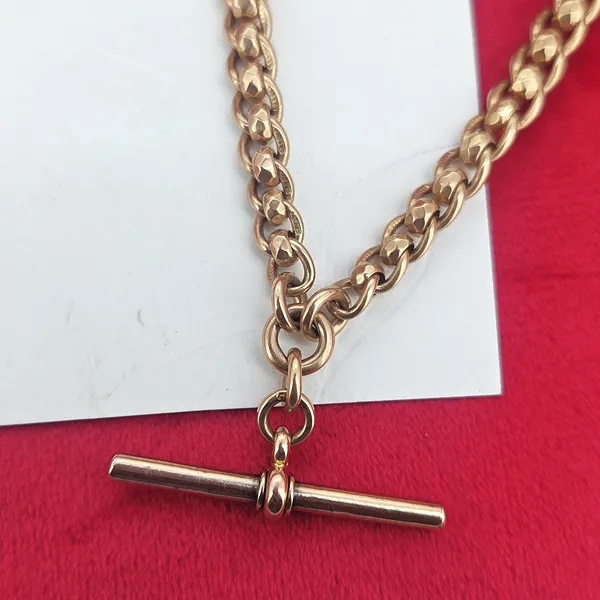 Antique Rose Gold Albert Chain with Rollerball Link & T-Bar- Crown View 