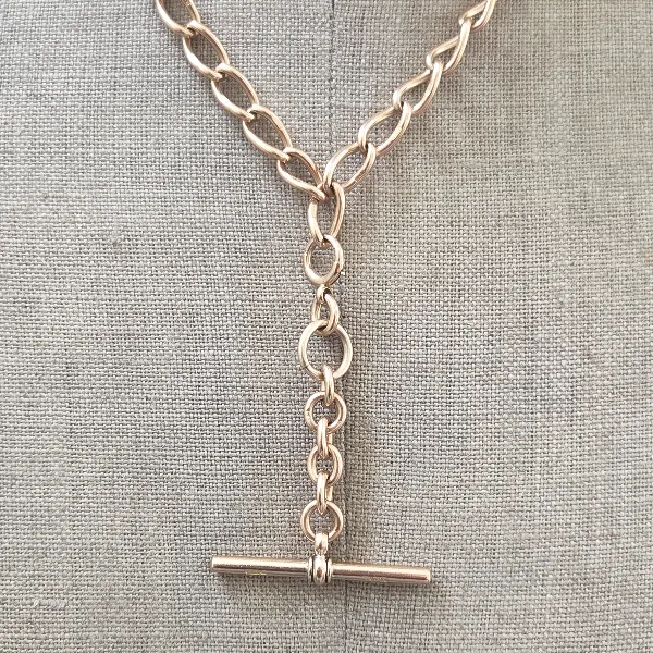 Loose Link Rose Gold Antique Albert Chain with Detachable T-Bar-Right View 